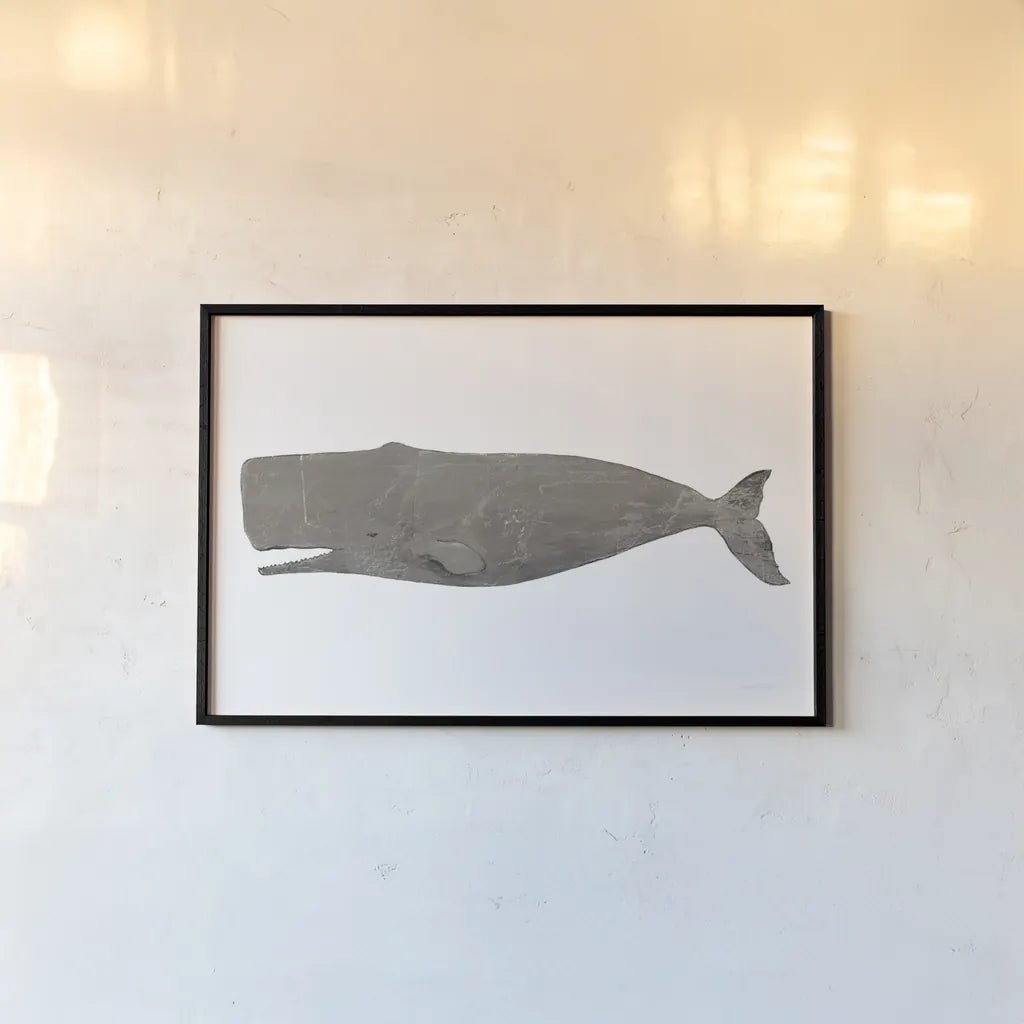 Whale on White by Avery Tillmon. shown as a paper print in a black flame. Available as a archival giclee rolled canvas, fine art paper, or poster print. SKU 65529i.