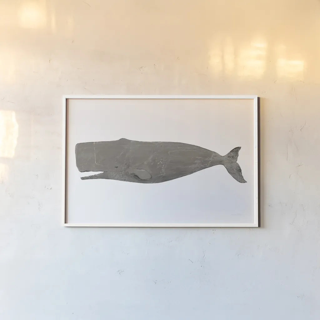 Whale on White by Avery Tillmon. shown as a paper print in a white frame. Available as a archival giclee rolled canvas, fine art paper, or poster print. SKU 65529i.