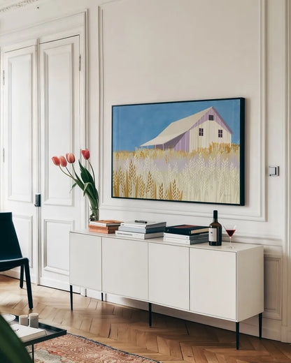 Wheat Fields by Avery Tillmon. shown as a framed stretched canvas in a living room above a console. Available as a archival giclee rolled canvas, fine art paper, or poster print. SKU 43723i.