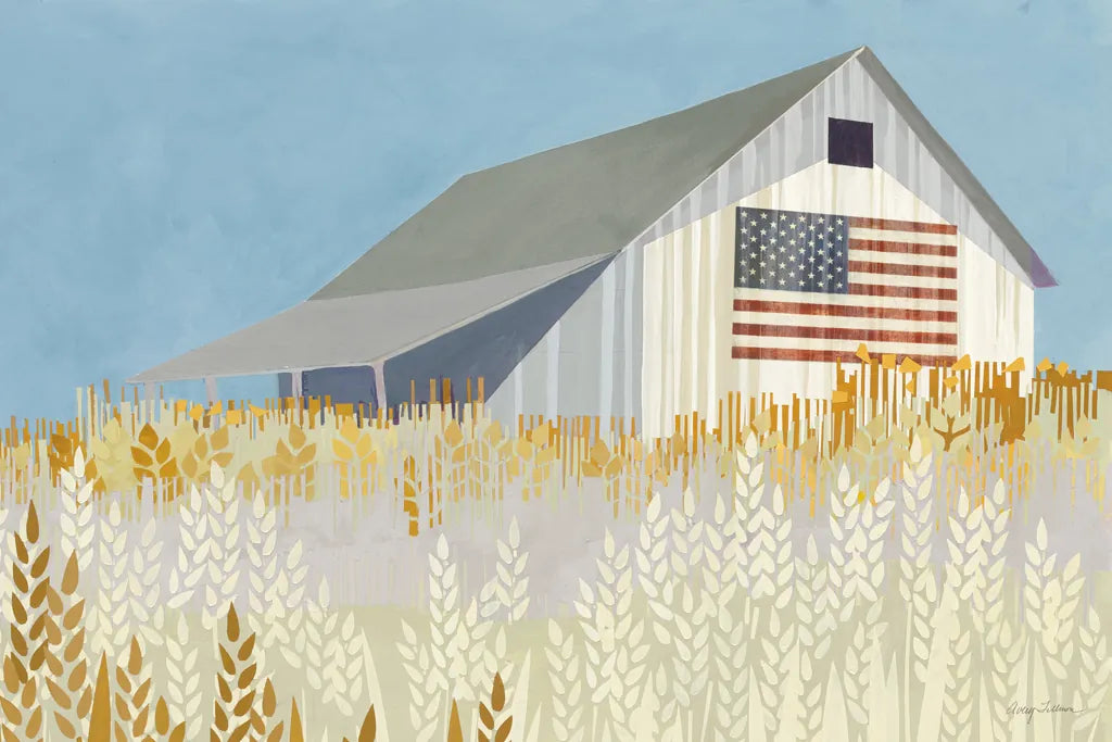Wheat Fields Barn with Flag by Avery Tillmon. SKU 76408i. Archival Giclee Fine art print for wall decor.
