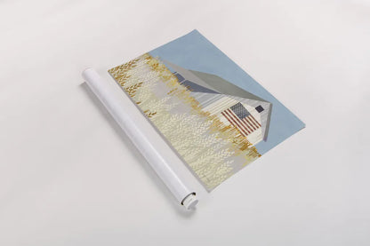 Wheat Fields Barn with Flag by Avery Tillmon. shown as a rolled paper print. Available as archival giclee rolled canvas, fine art paper, or poster print. SKU 76408i.