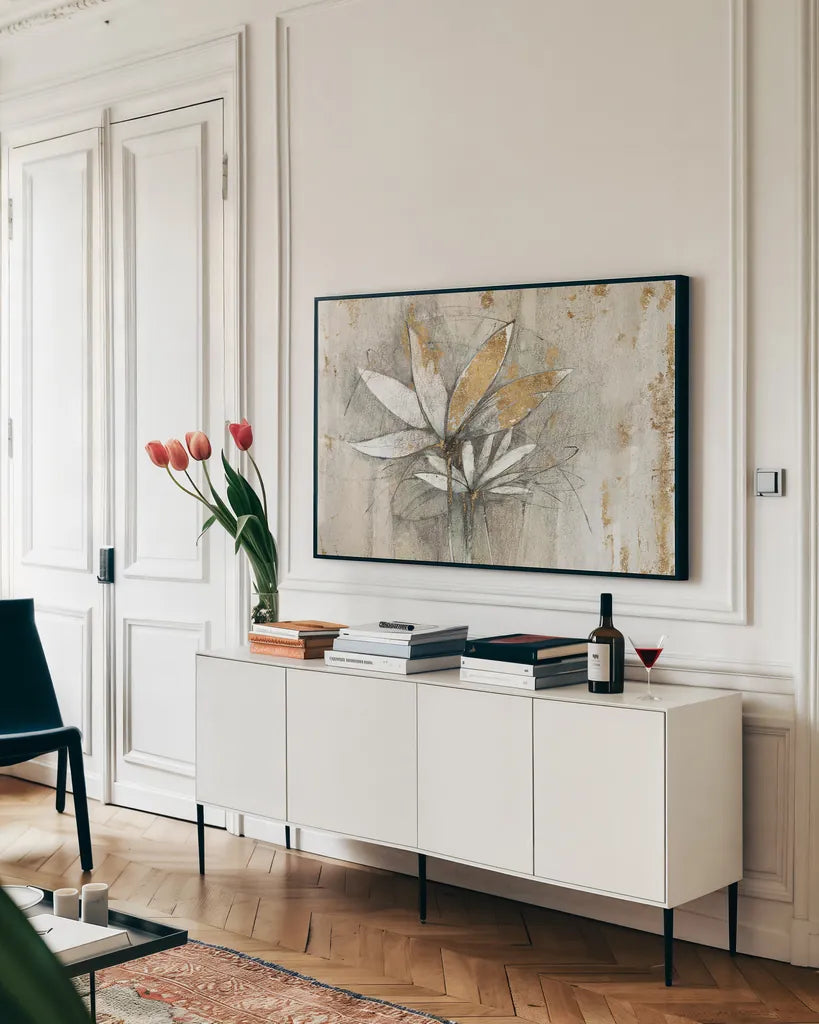 Windflowers Gold Crop by Avery Tillmon. shown as a framed stretched canvas in a living room above a console. Available as a archival giclee rolled canvas, fine art paper, or poster print. SKU 28278i.