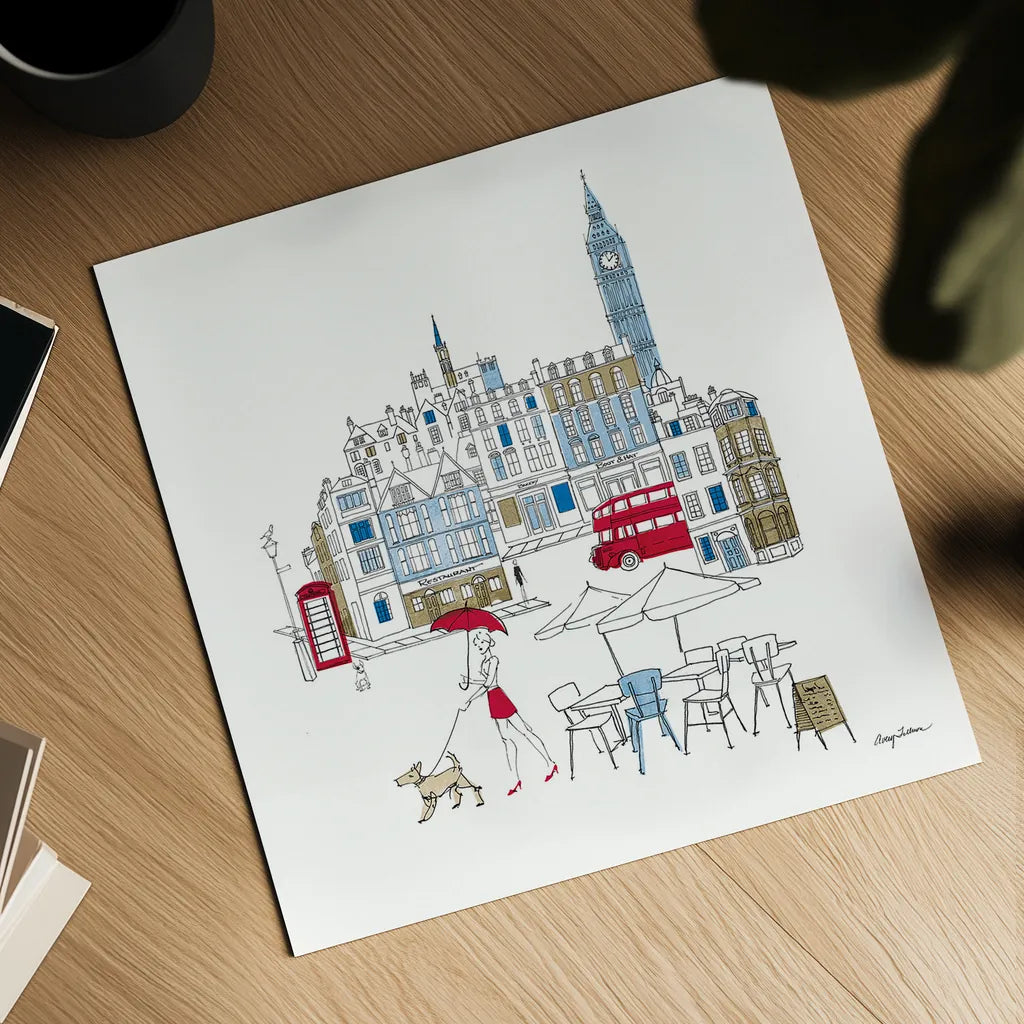 World Cafe I London Color by Avery Tillmon. Shown as a detailed flat fine art print, highlighting archival giclee quality. Available as an archival giclee rolled canvas, fine art paper, or poster print. SKU 49480a.