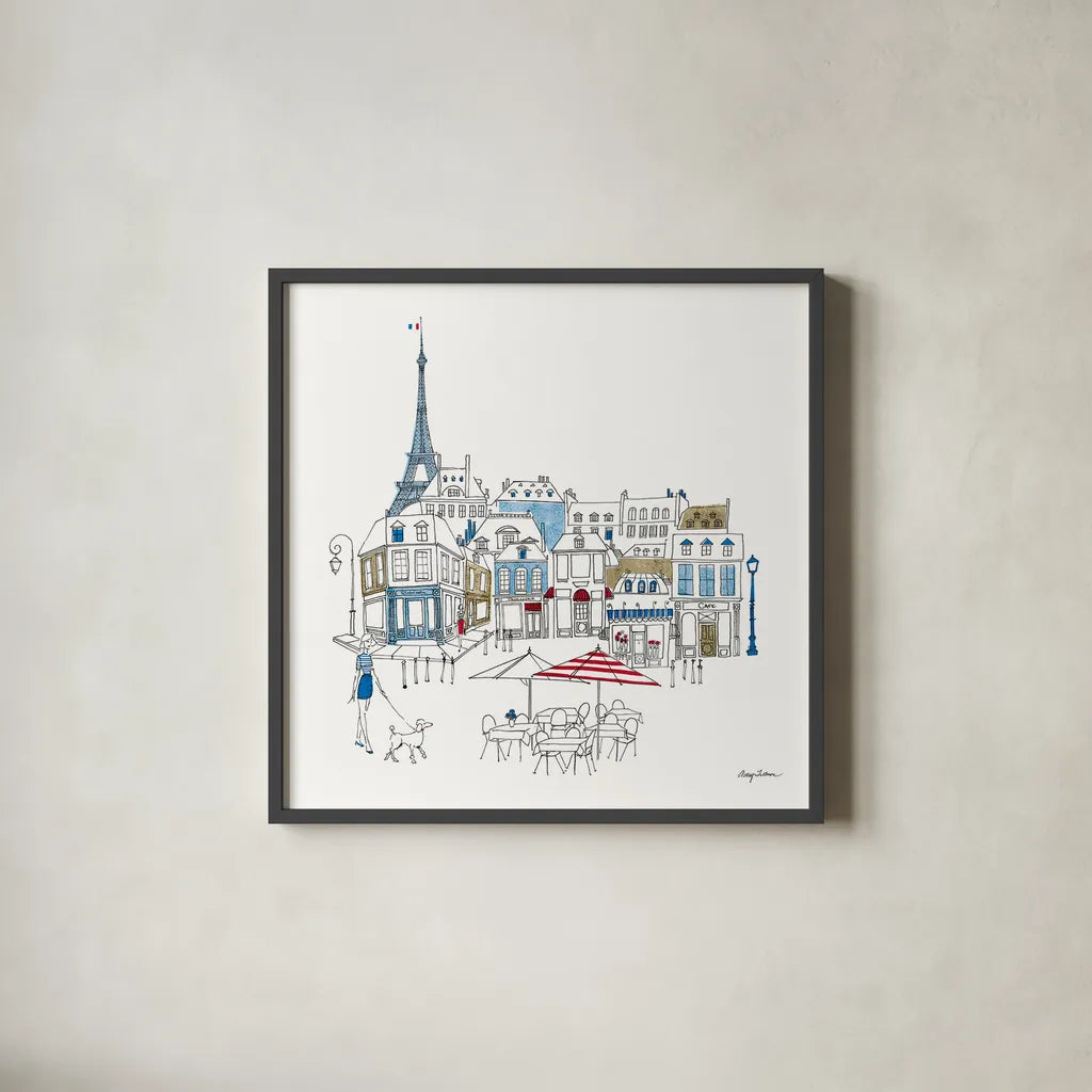 World Cafe II Paris Color by Avery Tillmon. Shown in a sleek black glass frame for a contemporary gallery look. Available as an archival giclee rolled canvas, fine art paper, or poster print. SKU 49481a.