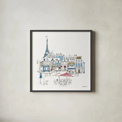 World Cafe II Paris Color by Avery Tillmon. Shown in a sleek black glass frame for a contemporary gallery look. Available as an archival giclee rolled canvas, fine art paper, or poster print. SKU 49481a.