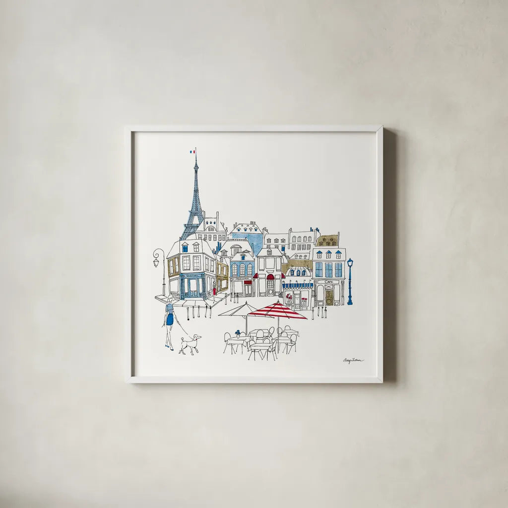 World Cafe II Paris Color by Avery Tillmon. Shown in a crisp white glass frame for a clean and minimalist style. Available as an archival giclee rolled canvas, fine art paper, or poster print. SKU 49481a.