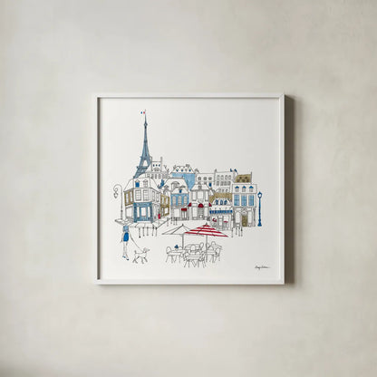 World Cafe II Paris Color by Avery Tillmon. Shown in a crisp white glass frame for a clean and minimalist style. Available as an archival giclee rolled canvas, fine art paper, or poster print. SKU 49481a.