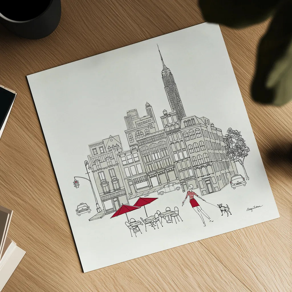 World Cafe III - NYC Red by Avery Tillmon. Shown as a detailed flat fine art print, highlighting archival giclee quality. Available as an archival giclee rolled canvas, fine art paper, or poster print. SKU 12590a.
