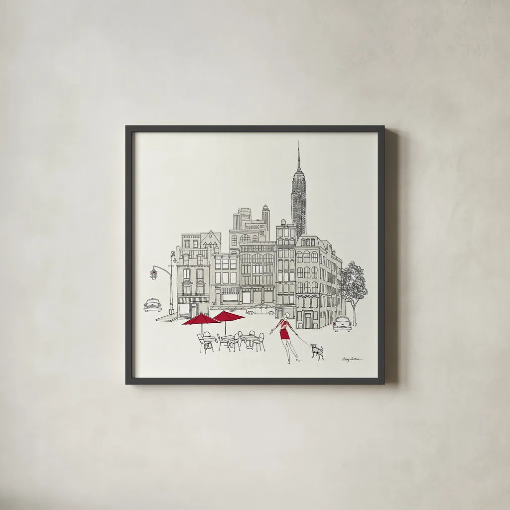 World Cafe III - NYC Red by Avery Tillmon. Shown in a sleek black glass frame for a contemporary gallery look. Available as an archival giclee rolled canvas, fine art paper, or poster print. SKU 12590a.
