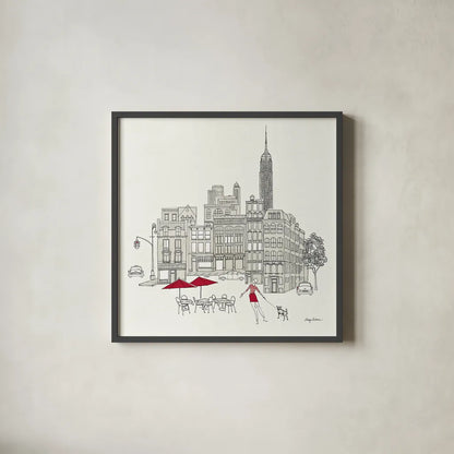 World Cafe III - NYC Red by Avery Tillmon. Shown in a sleek black glass frame for a contemporary gallery look. Available as an archival giclee rolled canvas, fine art paper, or poster print. SKU 12590a.