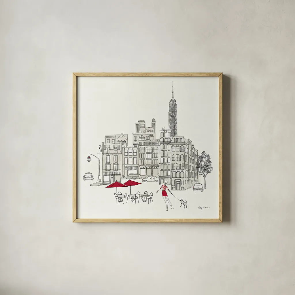 World Cafe III - NYC Red by Avery Tillmon. Shown in a natural wood glass frame for a timeless modern aesthetic. Available as an archival giclee rolled canvas, fine art paper, or poster print. SKU 12590a.