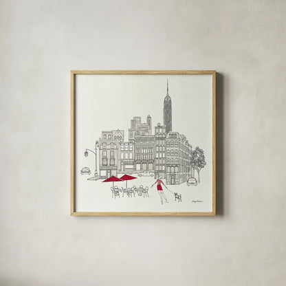World Cafe III - NYC Red by Avery Tillmon. Shown in a natural wood glass frame for a timeless modern aesthetic. Available as an archival giclee rolled canvas, fine art paper, or poster print. SKU 12590a.