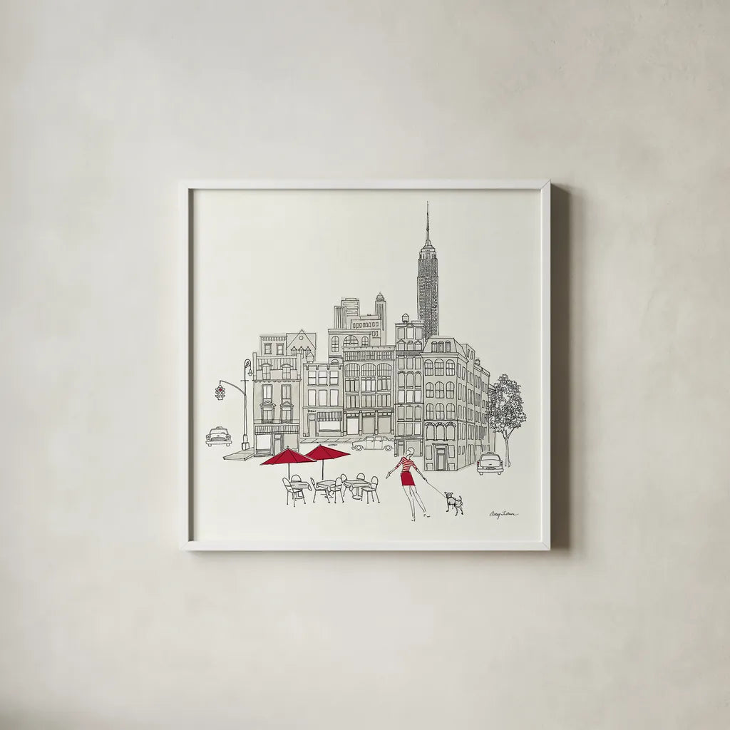 World Cafe III - NYC Red by Avery Tillmon. Shown in a crisp white glass frame for a clean and minimalist style. Available as an archival giclee rolled canvas, fine art paper, or poster print. SKU 12590a.
