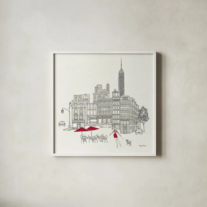 World Cafe III - NYC Red by Avery Tillmon. Shown in a crisp white glass frame for a clean and minimalist style. Available as an archival giclee rolled canvas, fine art paper, or poster print. SKU 12590a.