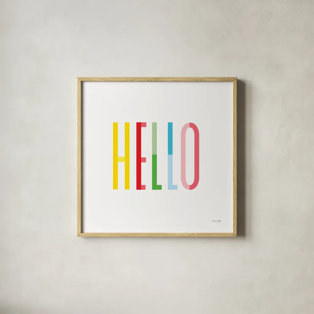 Hello by Ann Kelle. Shown in a natural wood glass frame for a timeless modern aesthetic. Available as an archival giclee rolled canvas, fine art paper, or poster print. SKU 56442a.