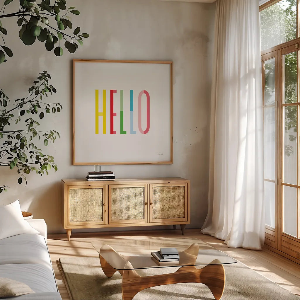 Hello by Ann Kelle. Shown in a natural wood frame in a cozy modern living room. Available as an archival giclee rolled canvas, fine art paper, or poster print. SKU 56442a.