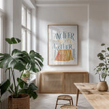 Adventure by Becky Thorns. shown as a print in a natural wood frame in a dining room. Available as a archival giclee rolled canvas, fine art paper, or poster print. SKU 61428h.