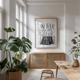 Adventure BW by Becky Thorns. shown as a print in a natural wood frame in a dining room. Available as a archival giclee rolled canvas, fine art paper, or poster print. SKU 61429h.