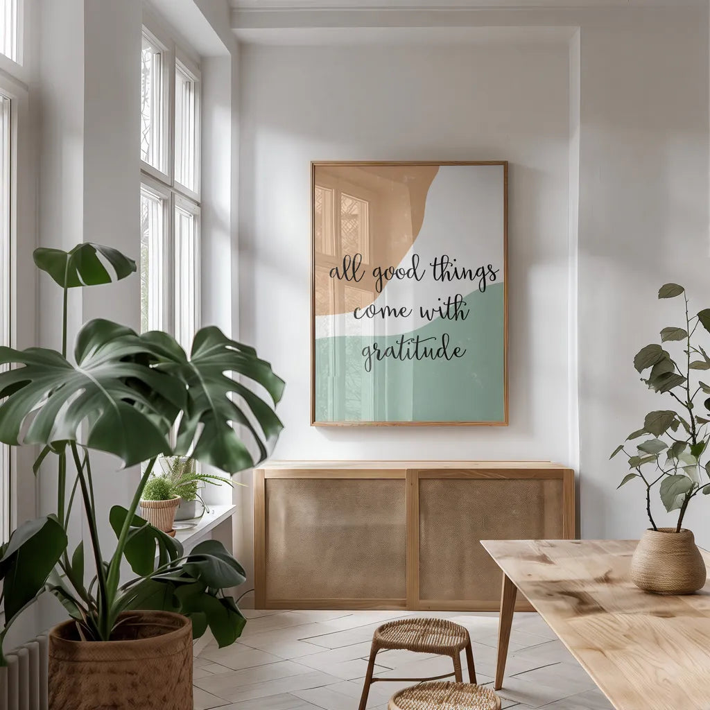 All Good Things by Becky Thorns. shown as a print in a natural wood frame in a dining room. Available as a archival giclee rolled canvas, fine art paper, or poster print. SKU 68253h.