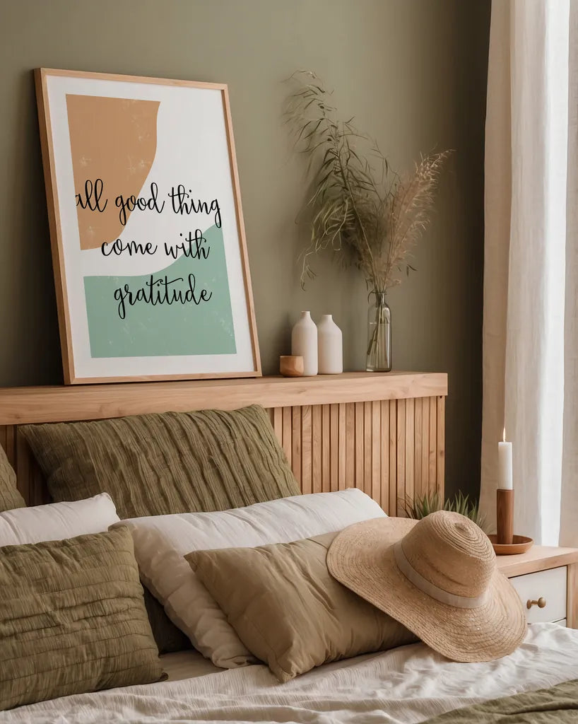 All Good Things by Becky Thorns. shown as a paper print in a natural frame. Available as a archival giclee rolled canvas, fine art paper, or poster print. SKU 68253h.