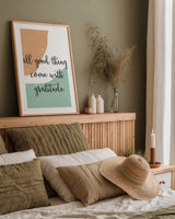 All Good Things by Becky Thorns. shown as a paper print in a natural frame. Available as a archival giclee rolled canvas, fine art paper, or poster print. SKU 68253h.