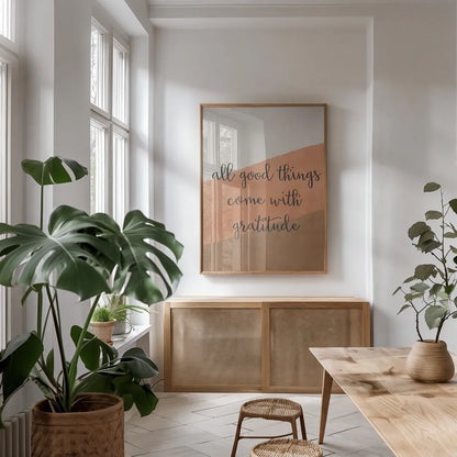 All Good Things Warm by Becky Thorns. shown as a print in a natural wood frame in a dining room. Available as a archival giclee rolled canvas, fine art paper, or poster print. SKU 73704h.