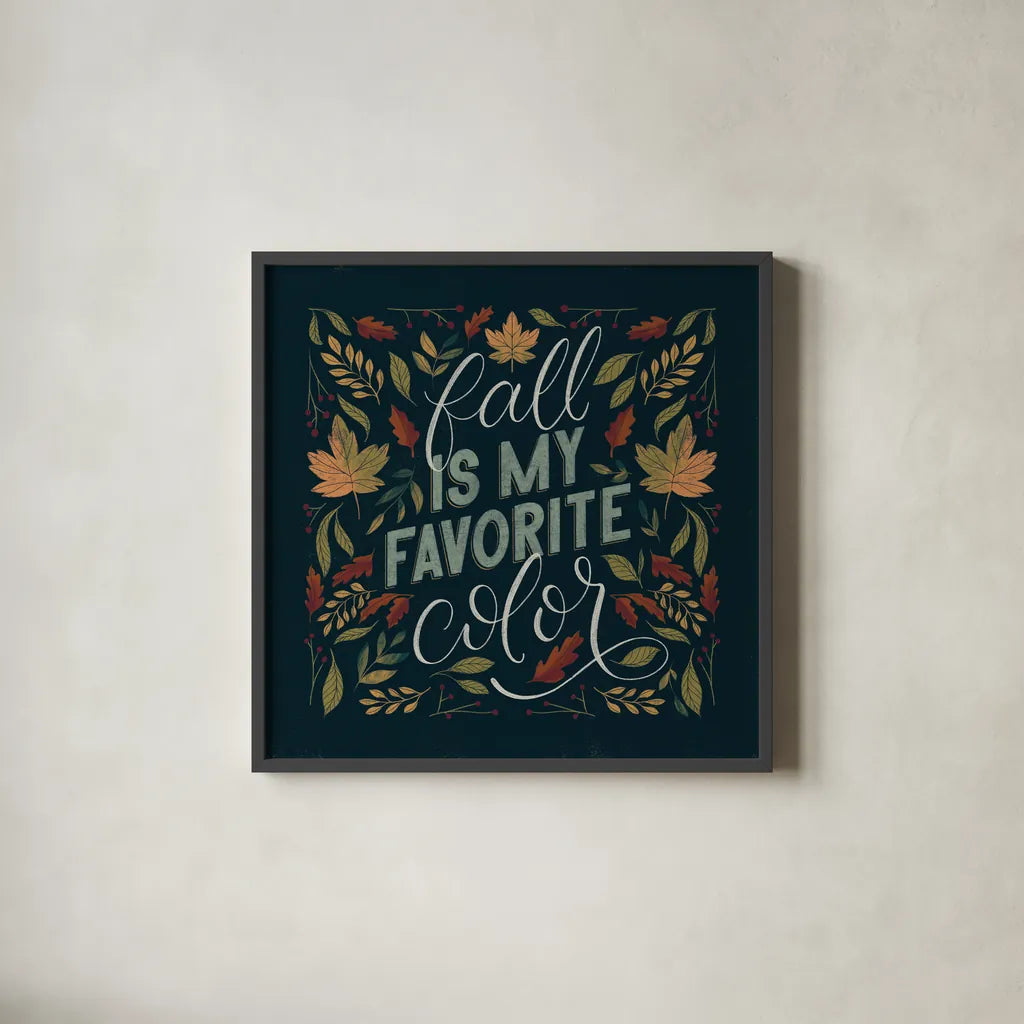 Autumn Sayings I by Becky Thorns. Shown in a sleek black glass frame for a contemporary gallery look. Available as an archival giclee rolled canvas, fine art paper, or poster print. SKU 58223a.