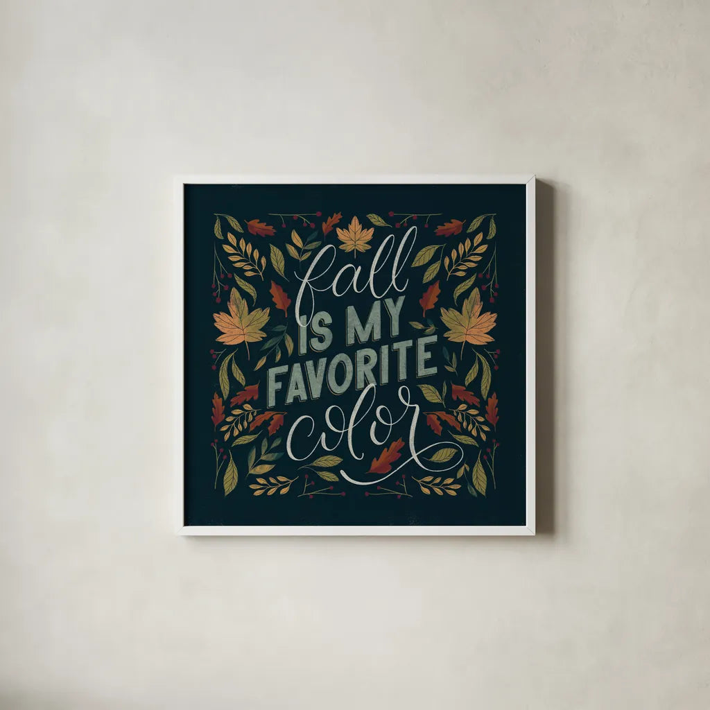 Autumn Sayings I by Becky Thorns. Shown in a crisp white glass frame for a clean and minimalist style. Available as an archival giclee rolled canvas, fine art paper, or poster print. SKU 58223a.