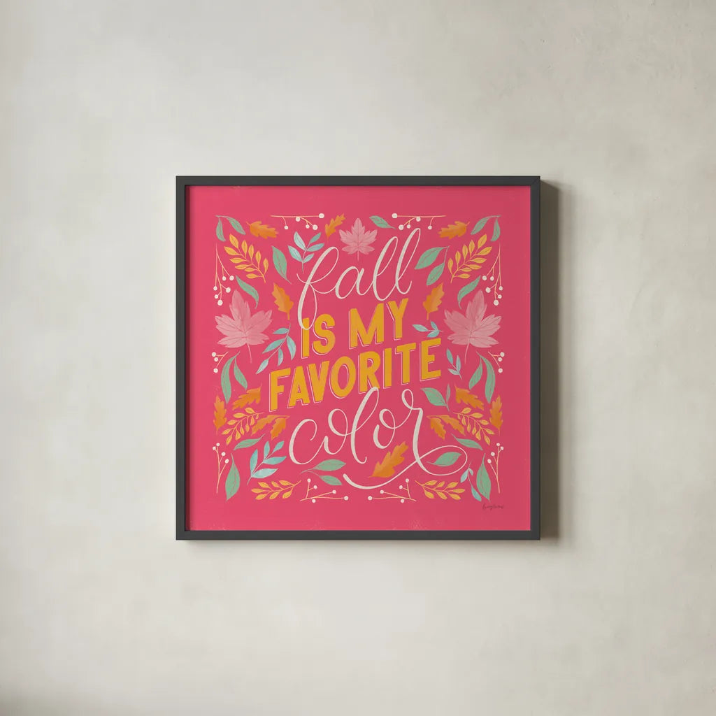 Autumn Sayings I Bright by Becky Thorns. Shown in a sleek black glass frame for a contemporary gallery look. Available as an archival giclee rolled canvas, fine art paper, or poster print. SKU 65065a.