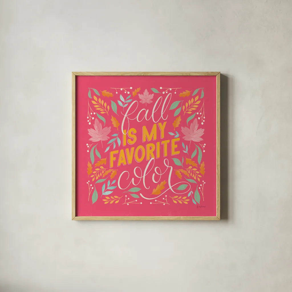 Autumn Sayings I Bright by Becky Thorns. Shown in a natural wood glass frame for a timeless modern aesthetic. Available as an archival giclee rolled canvas, fine art paper, or poster print. SKU 65065a.