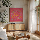Autumn Sayings I Bright by Becky Thorns. Shown in a natural wood frame in a cozy modern living room. Available as an archival giclee rolled canvas, fine art paper, or poster print. SKU 65065a.