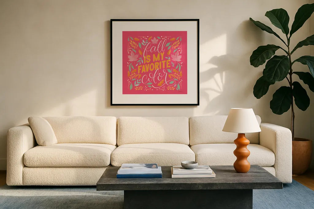 Autumn Sayings I Bright by Becky Thorns. Displayed in a glass frame with matte in a clean modern living room. Available as an archival giclee rolled canvas, fine art paper, or poster print. SKU 65065a.