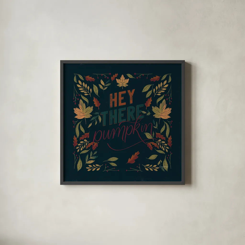 Autumn Sayings I Pumpkin by Becky Thorns. Shown in a sleek black glass frame for a contemporary gallery look. Available as an archival giclee rolled canvas, fine art paper, or poster print. SKU 58299a.