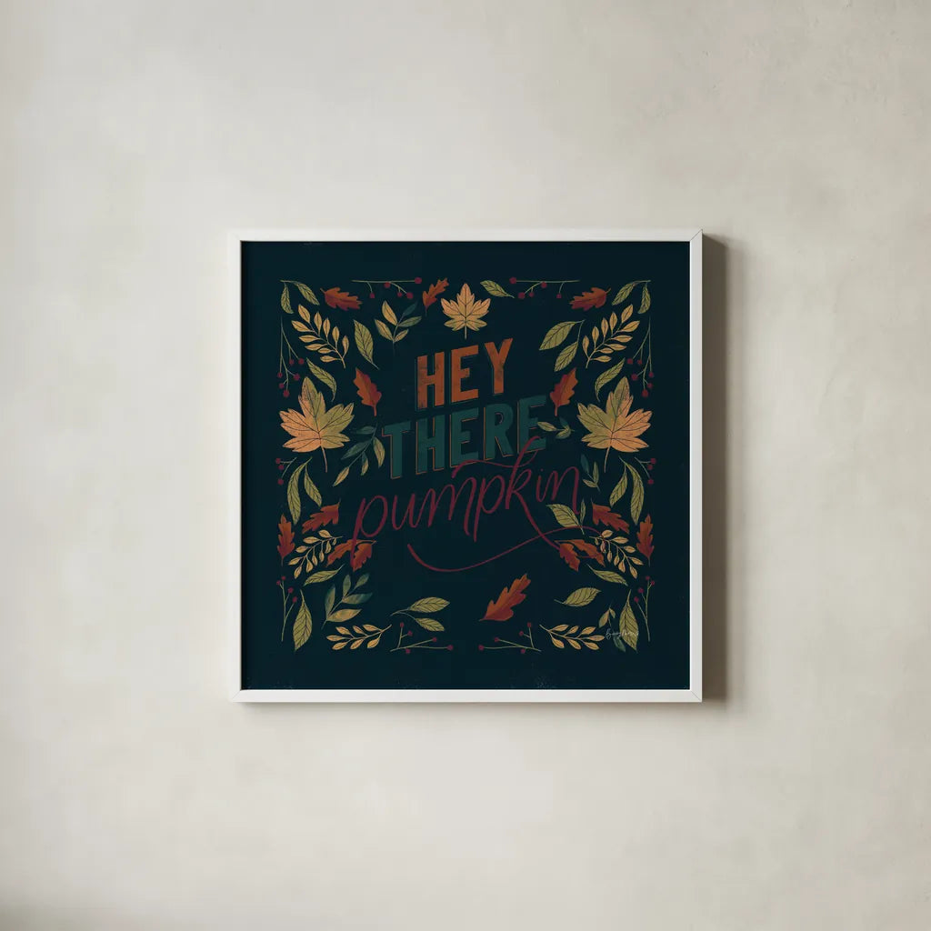Autumn Sayings I Pumpkin by Becky Thorns. Shown in a crisp white glass frame for a clean and minimalist style. Available as an archival giclee rolled canvas, fine art paper, or poster print. SKU 58299a.