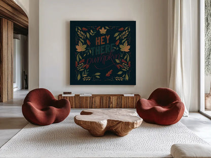 Autumn Sayings I Pumpkin by Becky Thorns. Shown as extra-large giant wall art in a modern living room. Available as an archival giclee rolled canvas, fine art paper, or poster print. SKU 58299a.