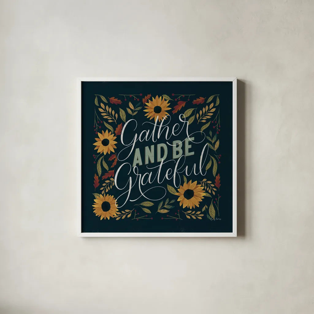Autumn Sayings I Sunflowers by Becky Thorns. Shown in a crisp white glass frame for a clean and minimalist style. Available as an archival giclee rolled canvas, fine art paper, or poster print. SKU 64043a.