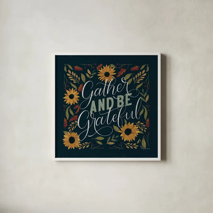Autumn Sayings I Sunflowers by Becky Thorns. Shown in a crisp white glass frame for a clean and minimalist style. Available as an archival giclee rolled canvas, fine art paper, or poster print. SKU 64043a.