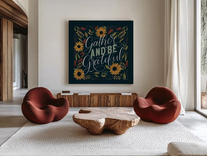 Autumn Sayings I Sunflowers by Becky Thorns. Shown as extra-large giant wall art in a modern living room. Available as an archival giclee rolled canvas, fine art paper, or poster print. SKU 64043a.