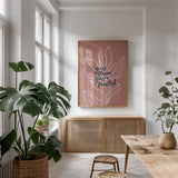 Balance II Leaves by Becky Thorns. shown as a print in a natural wood frame in a dining room. Available as a archival giclee rolled canvas, fine art paper, or poster print. SKU 69373h.