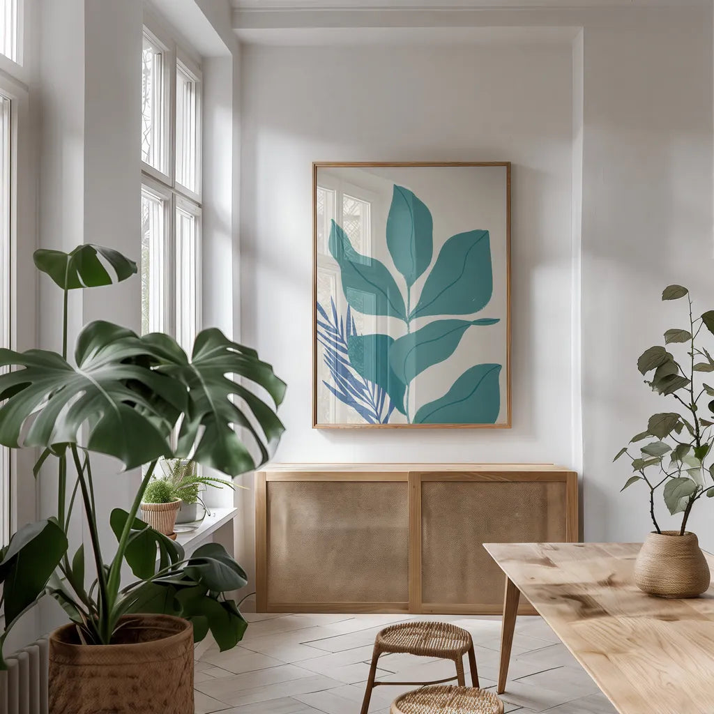 Balance IV Teal by Becky Thorns. shown as a print in a natural wood frame in a dining room. Available as a archival giclee rolled canvas, fine art paper, or poster print. SKU 70683h.