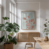 Balance V by Becky Thorns. shown as a print in a natural wood frame in a dining room. Available as a archival giclee rolled canvas, fine art paper, or poster print. SKU 63799h.