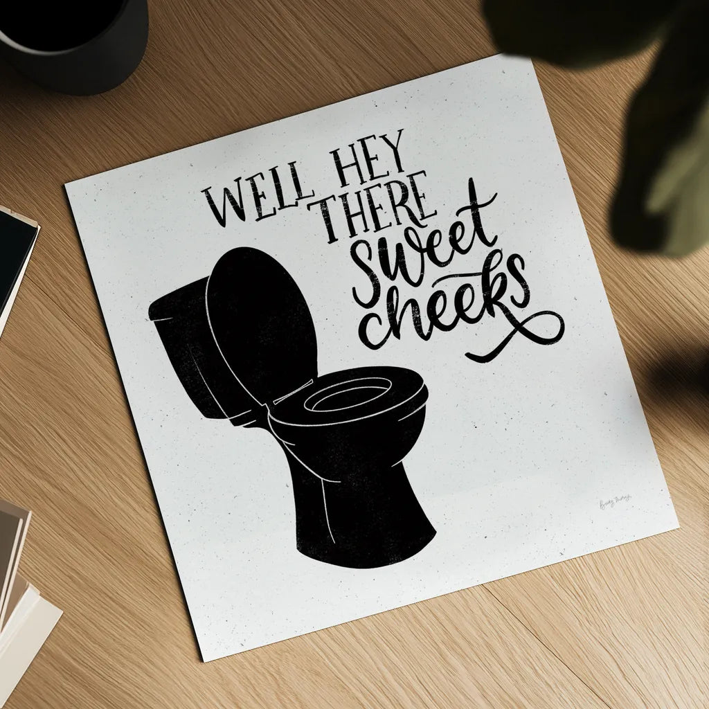 Bathroom Puns III Black Sq by Becky Thorns. Shown as a detailed flat fine art print, highlighting archival giclee quality. Available as an archival giclee rolled canvas, fine art paper, or poster print. SKU 89252a.
