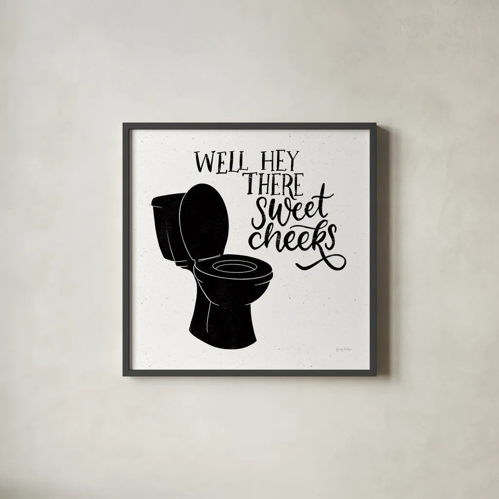 Bathroom Puns III Black Sq by Becky Thorns. Shown in a sleek black glass frame for a contemporary gallery look. Available as an archival giclee rolled canvas, fine art paper, or poster print. SKU 89252a.