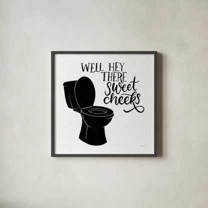 Bathroom Puns III Black Sq by Becky Thorns. Shown in a sleek black glass frame for a contemporary gallery look. Available as an archival giclee rolled canvas, fine art paper, or poster print. SKU 89252a.