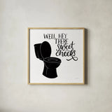 Bathroom Puns III Black Sq by Becky Thorns. Shown in a natural wood glass frame for a timeless modern aesthetic. Available as an archival giclee rolled canvas, fine art paper, or poster print. SKU 89252a.