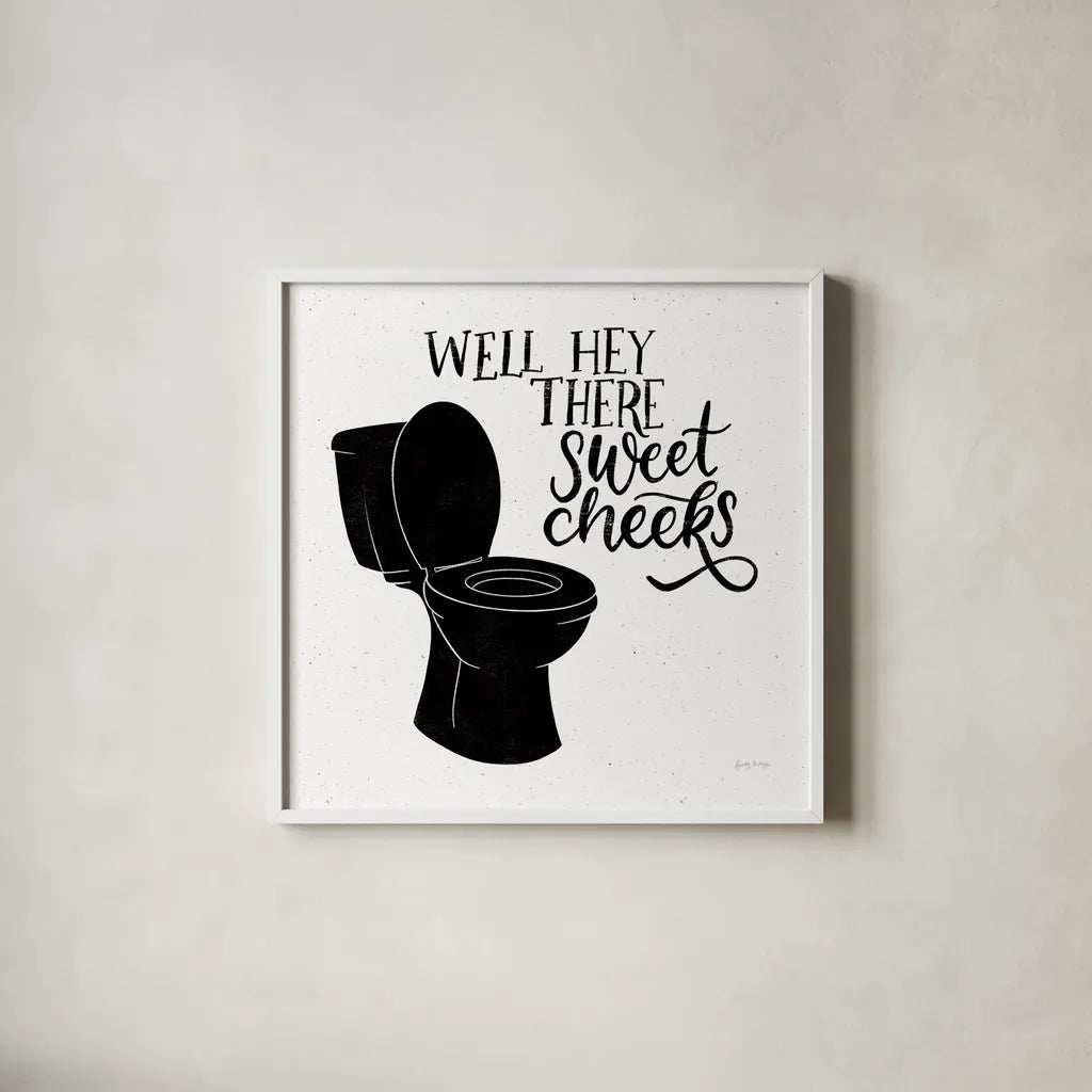 Bathroom Puns III Black Sq by Becky Thorns. Shown in a crisp white glass frame for a clean and minimalist style. Available as an archival giclee rolled canvas, fine art paper, or poster print. SKU 89252a.