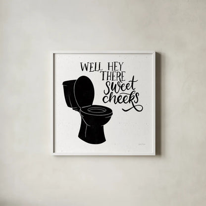Bathroom Puns III Black Sq by Becky Thorns. Shown in a crisp white glass frame for a clean and minimalist style. Available as an archival giclee rolled canvas, fine art paper, or poster print. SKU 89252a.