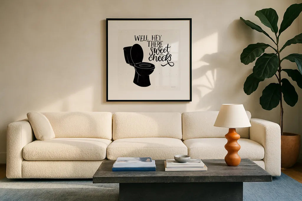 Bathroom Puns III Black Sq by Becky Thorns. Displayed in a glass frame with matte in a clean modern living room. Available as an archival giclee rolled canvas, fine art paper, or poster print. SKU 89252a.
