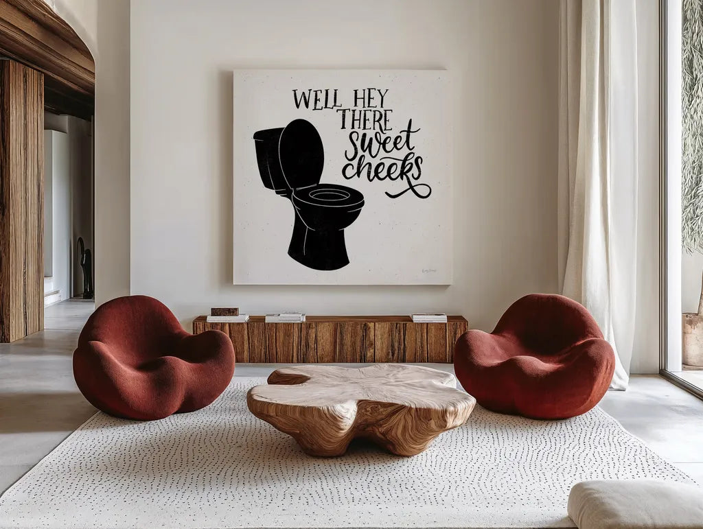 Bathroom Puns III Black Sq by Becky Thorns. Shown as extra-large giant wall art in a modern living room. Available as an archival giclee rolled canvas, fine art paper, or poster print. SKU 89252a.