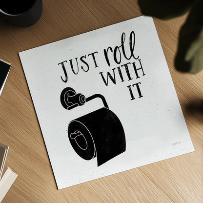 Bathroom Puns V Black Sq by Becky Thorns. Shown as a detailed flat fine art print, highlighting archival giclee quality. Available as an archival giclee rolled canvas, fine art paper, or poster print. SKU 89253a.